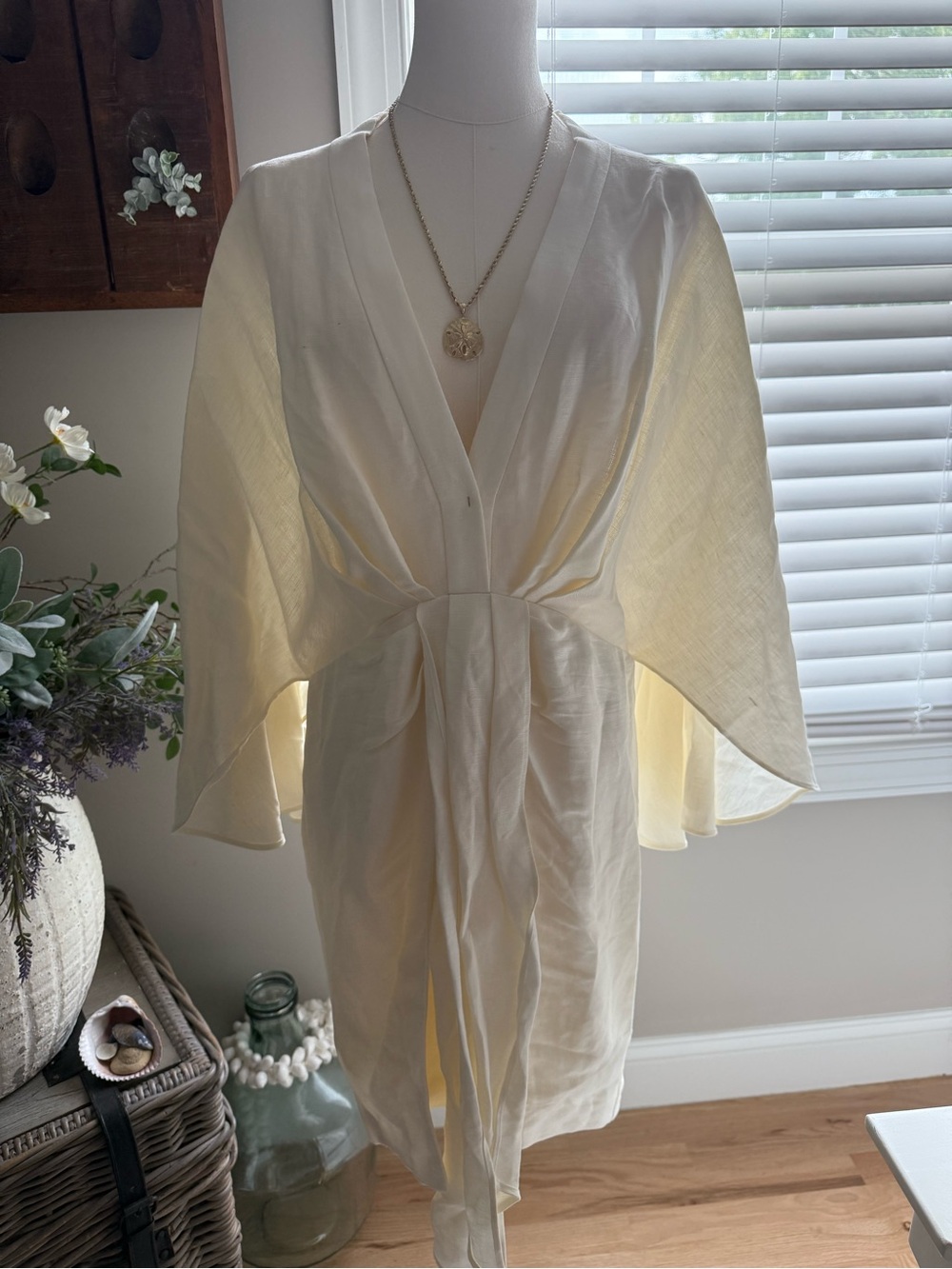 Cream V-Neck Mini Dress with Kimono Sleeves